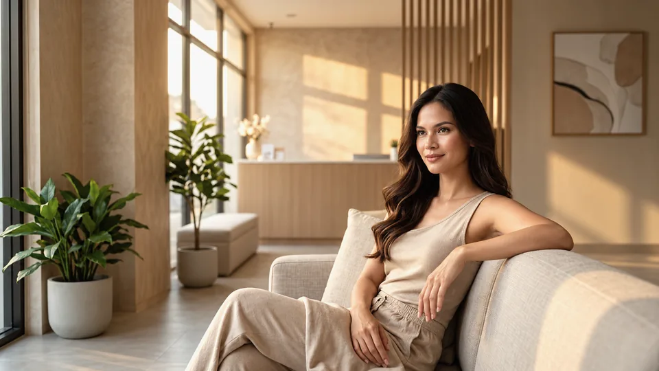 A woman relaxing on a sofa in a sunlit lounge